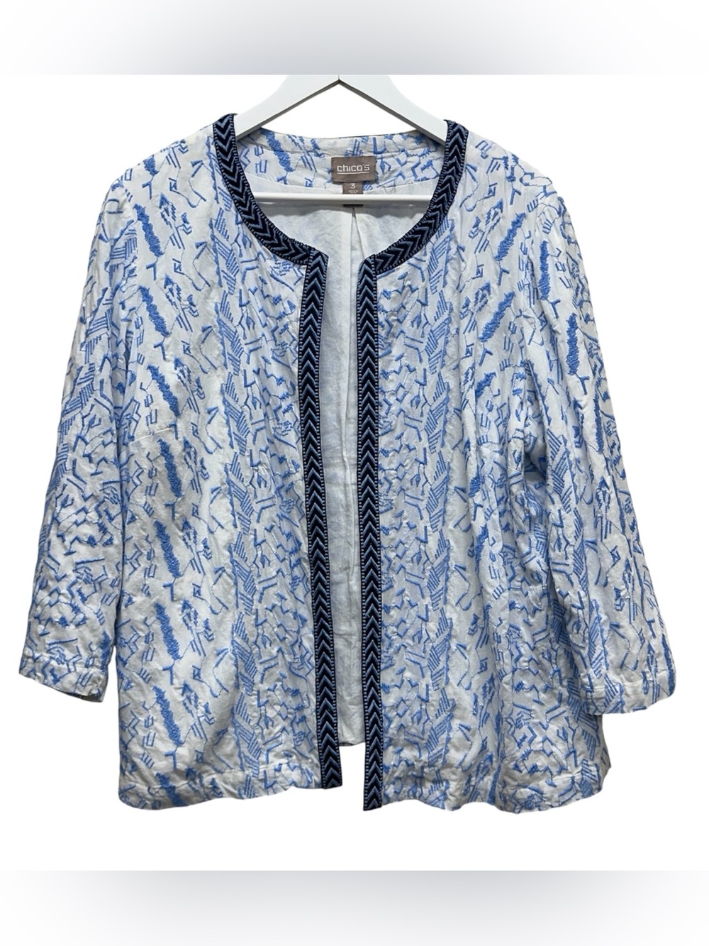 Chicos Edge to Edge Embroidered Open Front Lightweight Jacket 3 Nautical Coastal